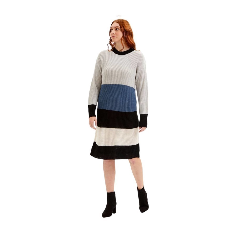 Evelyn Taylor Women’s Dark Blue & White Stripe Shaker-Stitch Sweater Dress 1X